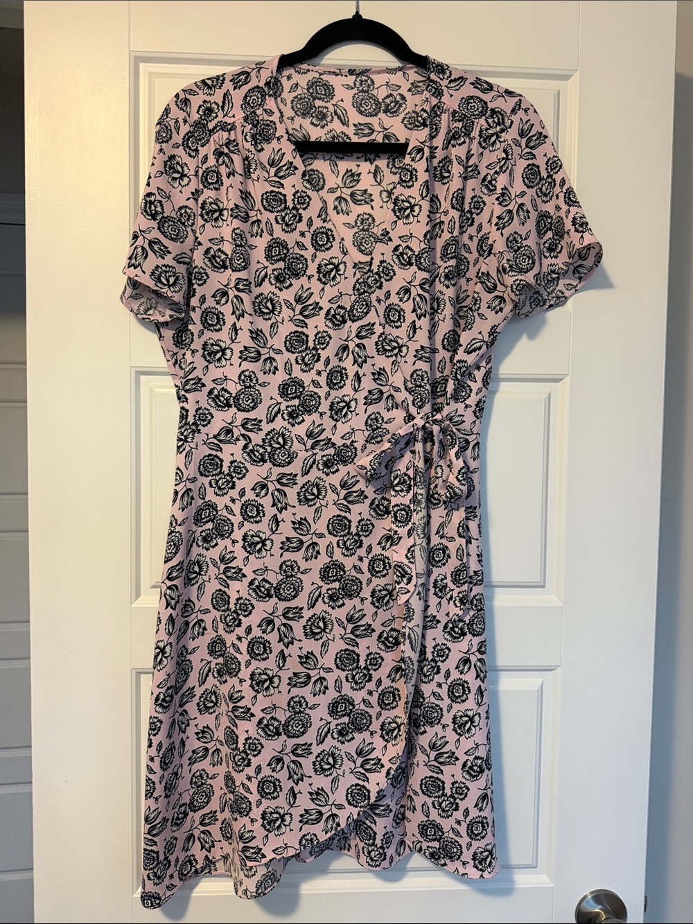 J. Crew Pink Floral Wrap Midi Dress with Black Print